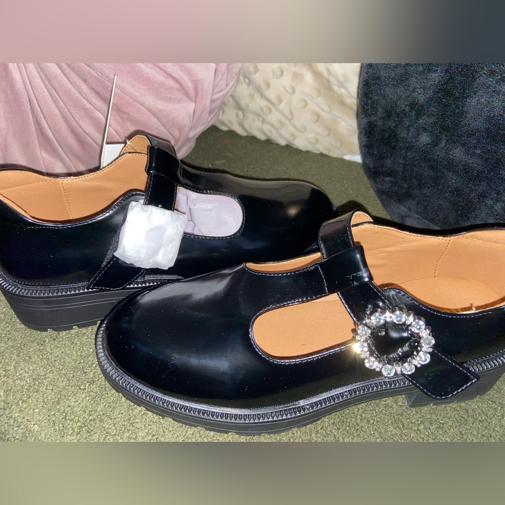 Black Mary Jane Shoes with Rhinestone Buckle